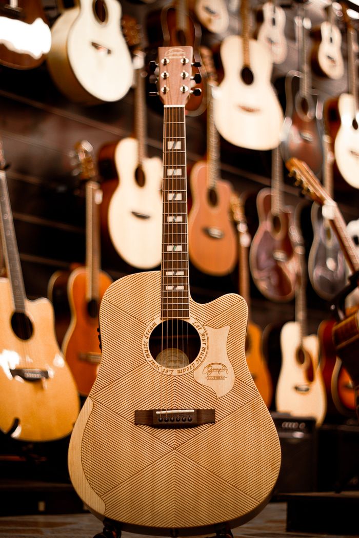 Crafting Captivating Headlines: Your awesome post title goes here A beautifully patterned acoustic guitar stands among others in a music store.